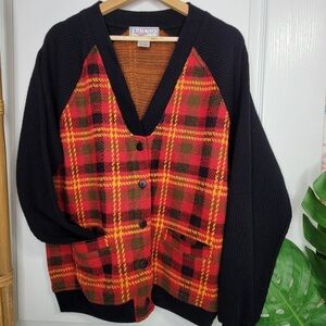 Gina Peters Sport vintage red black plaid button down v-neck sweater cardigan